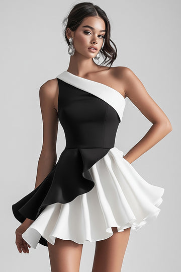 One Shoulder Black White Ruffle Graduation Dress